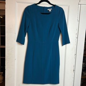 H&M Teal Blue Fitted Sheath Dress 3/4 Sleeve Minimalist Career Cocktail